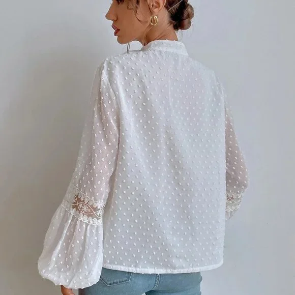 White Boho Womens Swiss Dot Embroidery Mesh Insert Lantern Sleeve Tassel Blouse - Picture 2 of 5